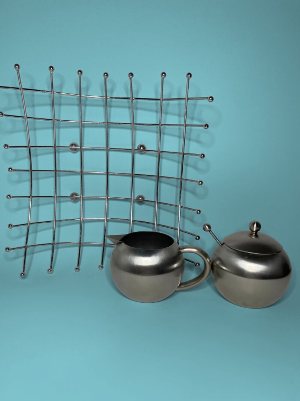 Atomic Chrome Wire Fruit Basket Bowl with Stainless Cream & Sugar Set